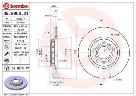 Тормозной диск BREMBO 09.9908.21