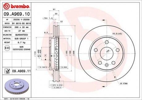 Тормозной диск BREMBO 09.A969.11 (фото 1)