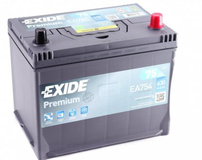 Аккумуляторная батарея 75Ah/630A (270x172x222/+R/B01) Premium Азия EXIDE EA754 (фото 1)