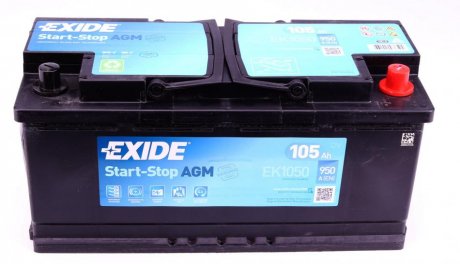 Акумуляторна батарея 105Ah/950A (392x175x190/+R/B13) (Start-Stop AGM) EXIDE EK1050 (фото 1)