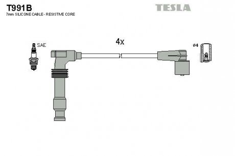 Провода высоковольтные, комплект Opel Astra g 1.4 (98-05),Opel Zafira a 1.6 (99-05) TESLA T991B (фото 1)