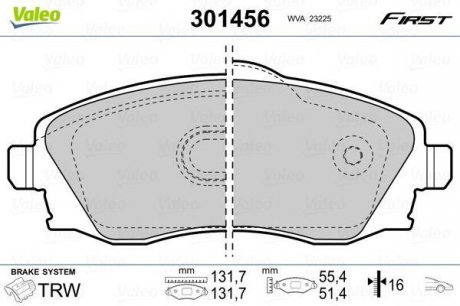 Тормозные колодки дисковые OPEL Combo/CorsaC/Meriva/Tigra "1,0-1,8 "F "00-10 Valeo 301456 (фото 1)